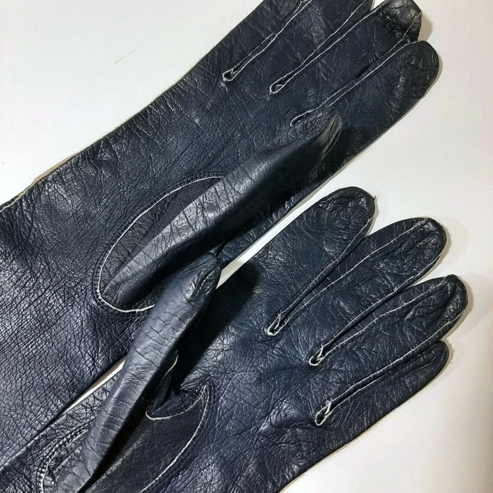 Vintage Kislav Kid Leather Navy Gloves Made in France Sz 7 Opera Length '50's